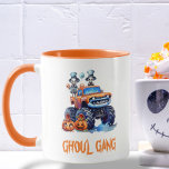 Cute Ghoul Gang Truck Spooky Typography Halloween Mug<br><div class="desc">Dive into the spooky season with this “Ghoul Gang” personalised mug! Perfect for kids and pre-teens who love to celebrate Halloween with style. This cute watercolor mug features an adorable crew of skeletons driving their monster truck through the night, accompanied by friendly bats and a grinning jack o’ lantern. With...</div>