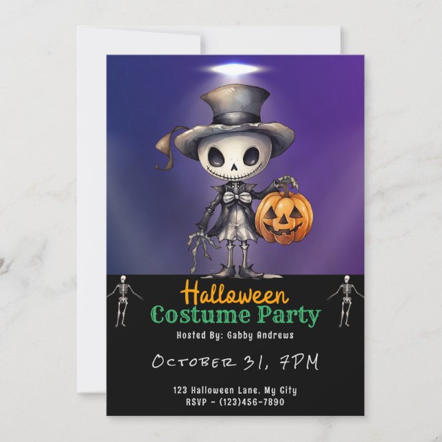 Cute Ghoul in Top Hat and Bow Tie Black Halloween Invitation (Front)