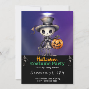Cute Ghoul in Top Hat and Bow Tie Black Halloween Invitation