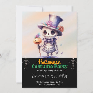 Cute Ghoul in Top Hat and Bow Tie Black Halloween Invitation