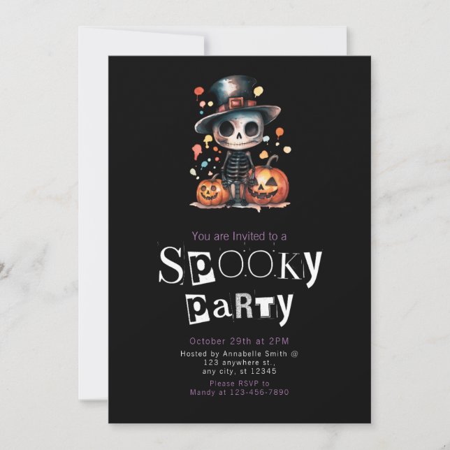 Cute Ghoul Skeleton in Top Hat Halloween Invitation (Front)