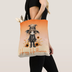Cute Ghoul Sunflowers Orange Ombre Happy Halloween Tote Bag