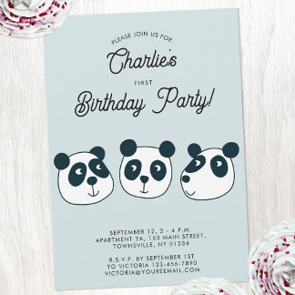 Cute Giant Panda Bear First Birthday Party Invitation