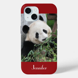 Cute Giant Panda Dark Red Background, Name, iPhone 15 Case