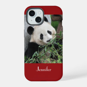 Cute Giant Panda Dark Red Background, Name, iPhone 15 Case