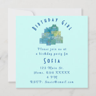 Cute Gifts for Birthday Girl Blue Green Invitation