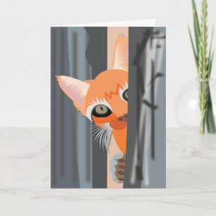 CUTE GINGER CAT ART PEEKING IN BIRTHDAY CARD