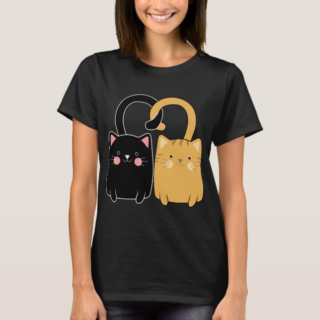Cute Ginger Cat Black Kitten Love Valentines Day T-Shirt (Front)