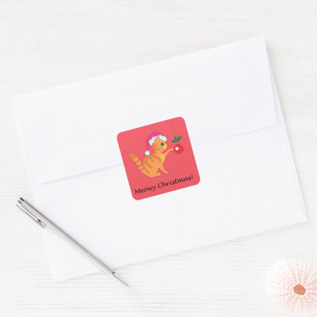 Cute Ginger Cat Christmas Square Sticker (Envelope)