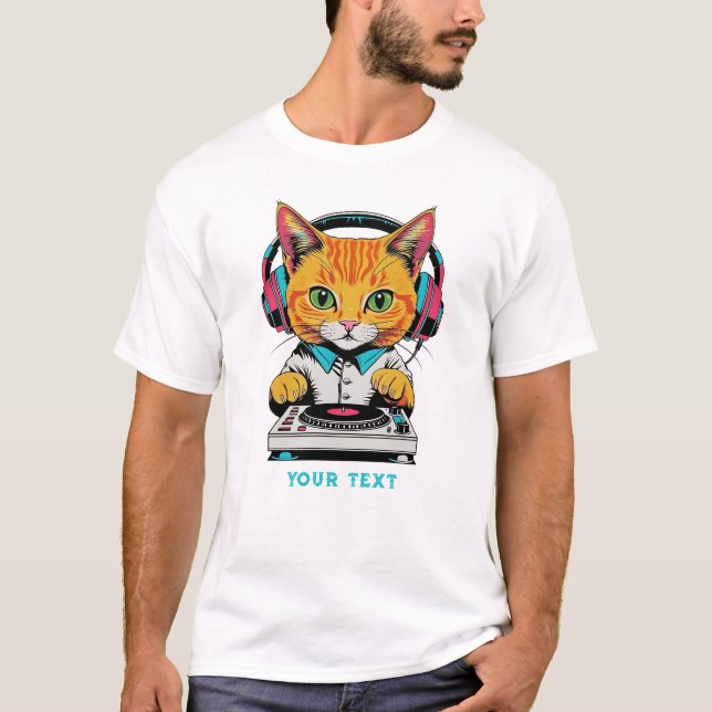 Cute Ginger Cat DJ Pop Art Design Retro Headphones T-Shirt (Front)