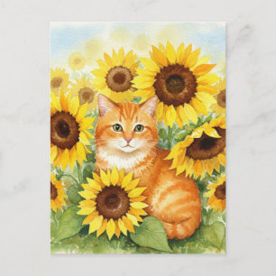 Cute Ginger Cat in Sunflowers Postcard