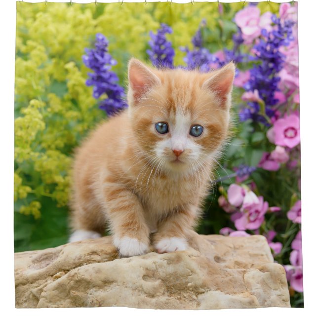 Cute Ginger Cat Kitten Flowery Garden Portrait Tub Shower Curtain (Front)