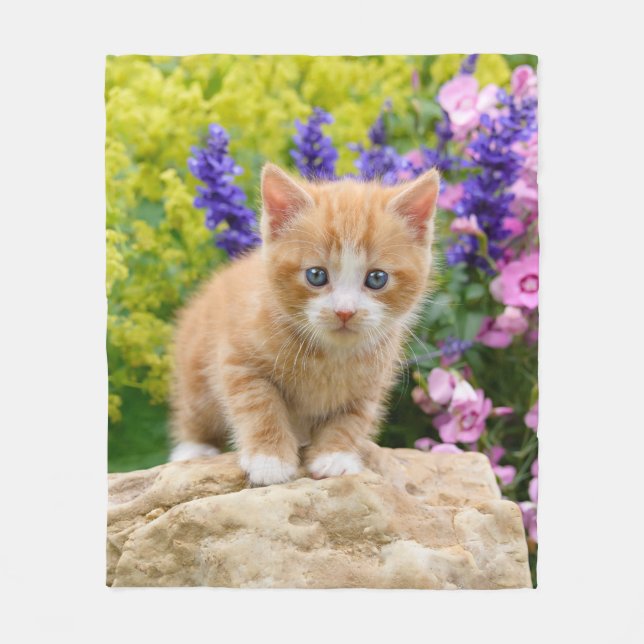 Cute Ginger Cat Kitten in Flowery Garden - comfy Fleece Blanket (Front)