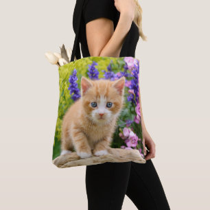 Cute Ginger Cat Kitten in Flowery Garden - Shopper Tote Bag