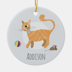 Cute Ginger Cat Paw Print Happy Holiday Ceramic Tree Decoration