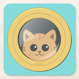 Cute Ginger Cat Peeping Through Boat Porthole Square Paper Coaster