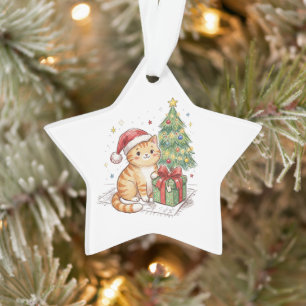 Cute Ginger Cat Santa Hat Christmas Ornament Cat