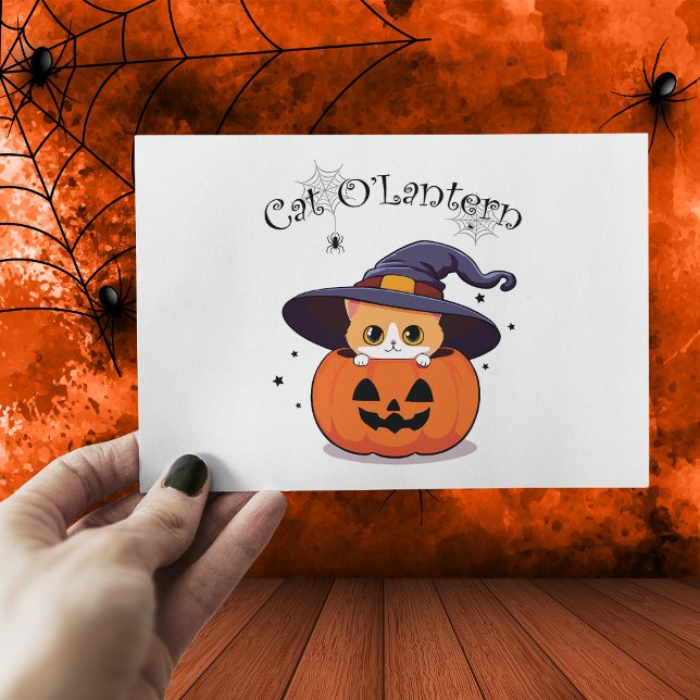 Cute Ginger Cat Witch in Halloween Jack-O-Lantern Postcard (Creator Uploaded)