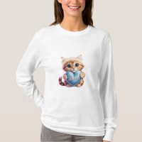 Cute Ginger Cat With Blue Heart White Long Sleeve