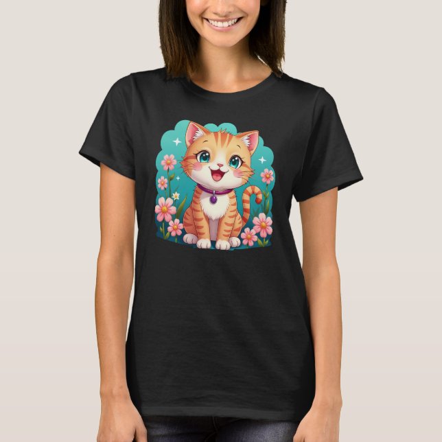 Cute Ginger Cat with Flowers -  Cartoon cat T-Shirt (Front)