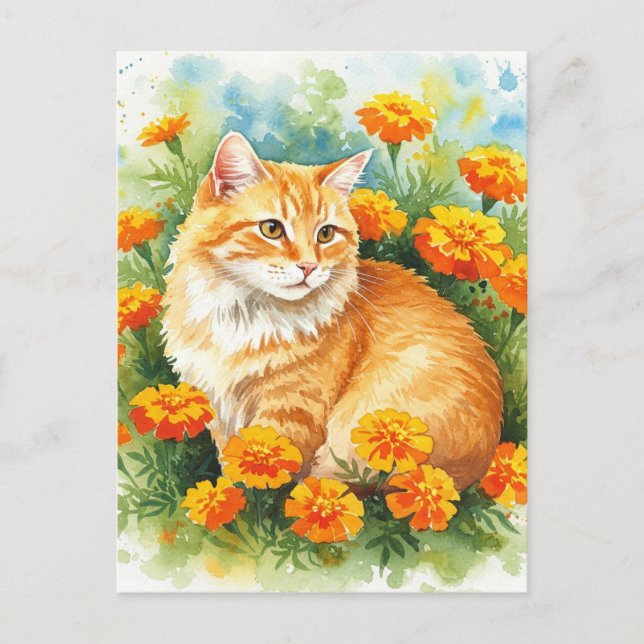 Cute Ginger Cat with Marigold Postcard (Front)