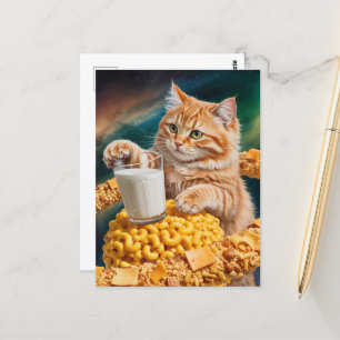Cute Ginger Cat With Milk in Space Postcard