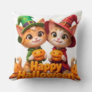 Cute Ginger Cats in Witch Hats Halloween Pumpkins Cushion