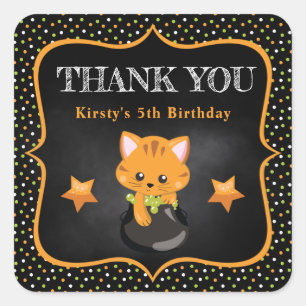 Cute Ginger Halloween Cat & Polka Dots Birthday Square Sticker