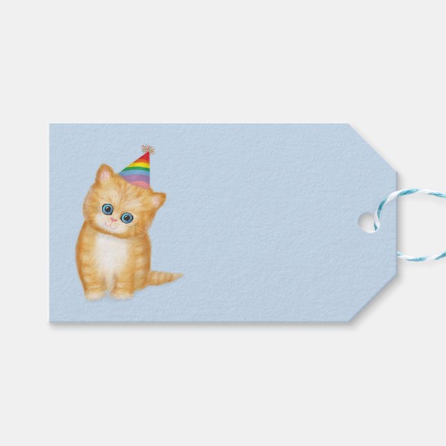 Cute ginger kitten blue birthday gift tag (Front (Horizontal))