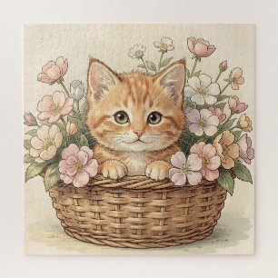 Cute Ginger Kitten Flower Basket Jigsaw Puzzle