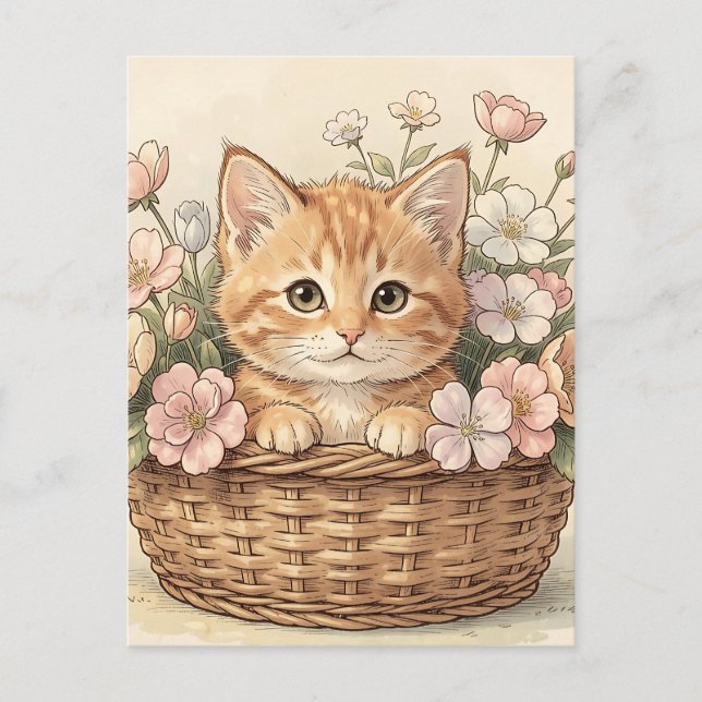 Cute Ginger Kitten Flower Basket Postcard (Front)