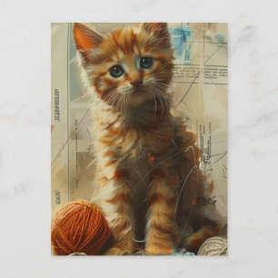 Cute Ginger Kitten in Yarn Collage Postcard