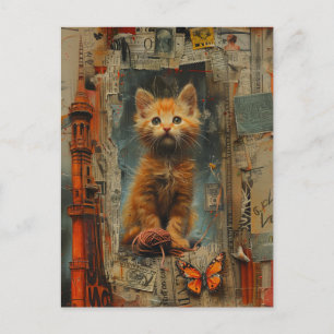 Cute Ginger Kitten Mixed Media Collage Postcard