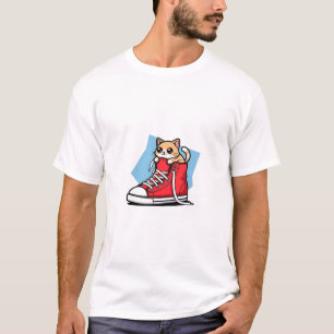 Cute Ginger Kitten Peeking Out of a Red High-top S T-Shirt
