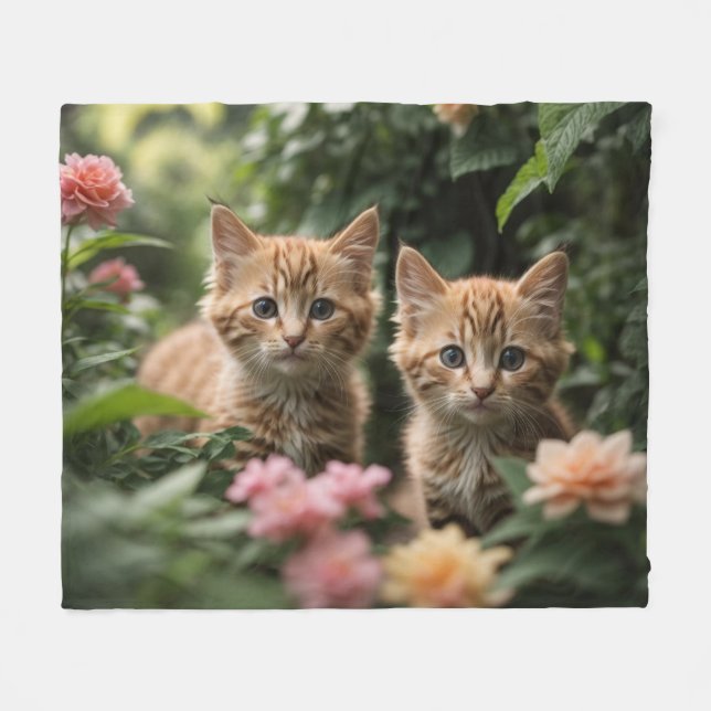 Cute Ginger Kittens Exploring A Lush Garden Fleece Blanket (Front (Horizontal))