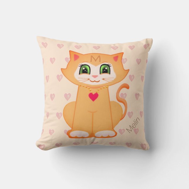 Cute Ginger Kitty Cat Cartoon & Hearts on Coral Cushion (Front)