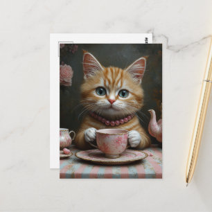 Cute Ginger Kitty in Pink Pearls at Tea Postcard