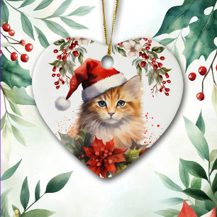 Cute Ginger Orange Cat Holly Berry Christmas Ceramic Tree Decoration