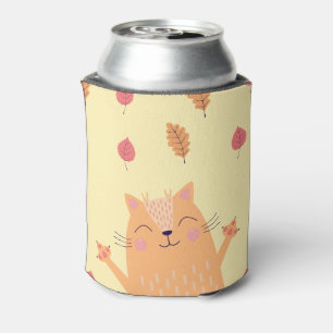 Cute Ginger Orange Cat Playing in Autumn Leaves Can Cooler