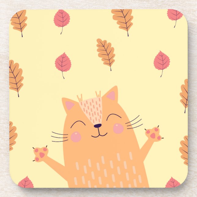 Cute Ginger Orange Cat Playing in Autumn Leaves Coaster (Front)