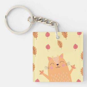 Cute Ginger Orange Cat Playing in Autumn Leaves Key Ring