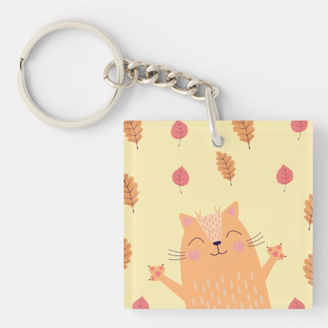 Cute Ginger Orange Cat Playing in Autumn Leaves Key Ring (Front)