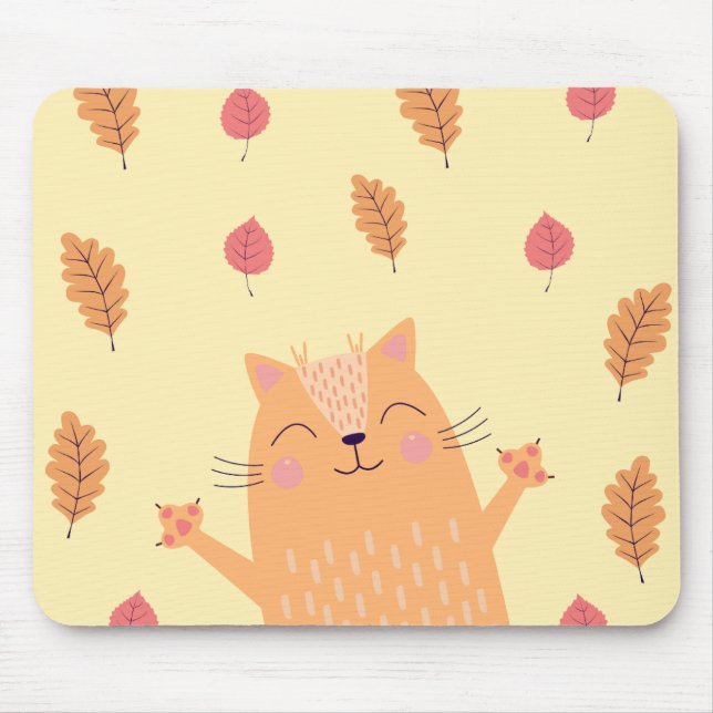 Cute Ginger Orange Cat Playing in Autumn Leaves Mouse Mat (Front)