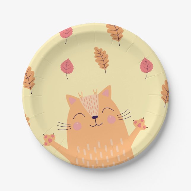 Cute Ginger Orange Cat Playing in Autumn Leaves Paper Plate (Front)