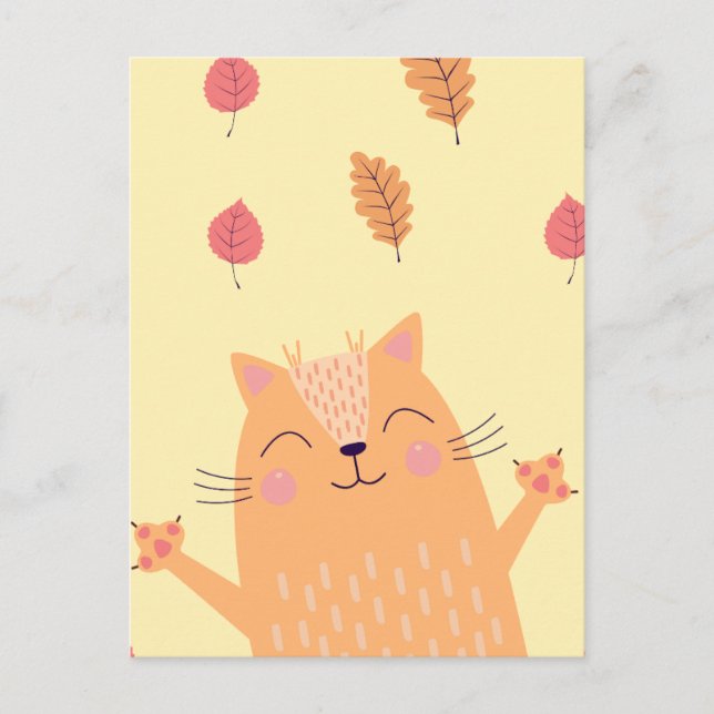 Cute Ginger Orange Cat Playing in Autumn Leaves Postcard (Front)