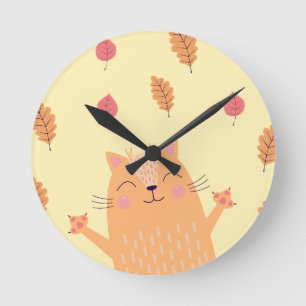 Cute Ginger Orange Cat Playing in Autumn Leaves Round Clock
