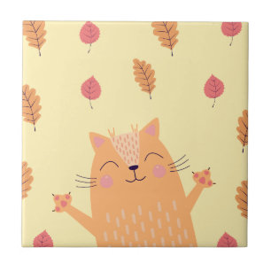Cute Ginger Orange Cat Playing in Autumn Leaves Tile