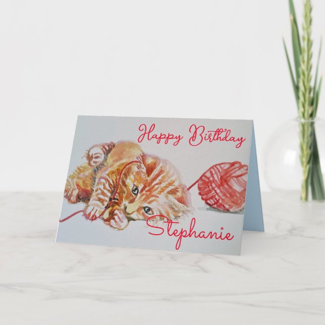Cute Ginger Tabby Cat Playing Wool Birthday Card (Front)