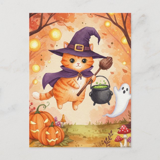 Cute Ginger Witch Cat Halloween Postcard (Front)