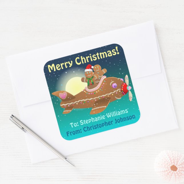 Cute Gingerbread Aeroplane Cartoon Square Sticker (Envelope)